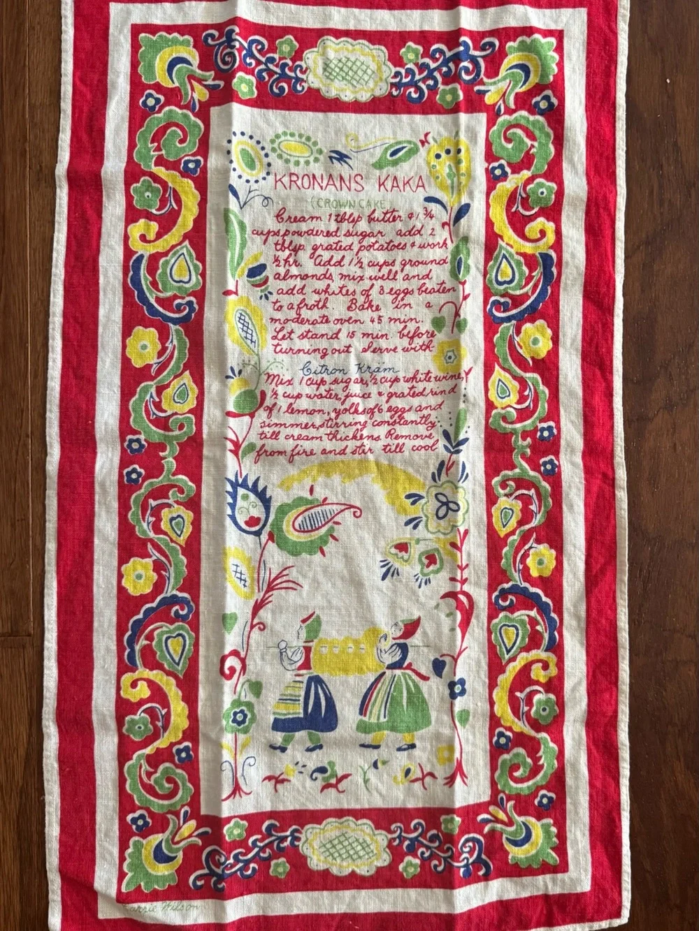 Vintage Carrie Wilson Linen Tea Towel Kaka Swedish Crown Cake Recipe MCM